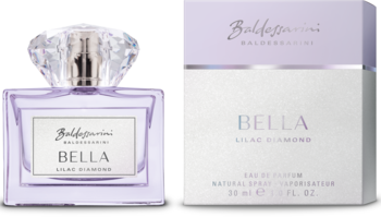 Baldessarini Bella Lilac Diamond EDP: fioletowy flakon z kryształowym korkiem i biało-fioletowe pudełko.