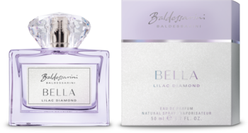Zapach Bella Lilac Diamond: fioletowa butelka EDP z ozdobnym korkiem, obok biało-fioletowe pudełko produktu.