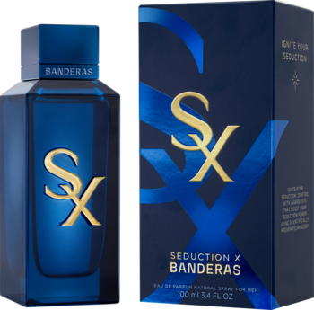 Męskie perfumy Banderas Seduction X: ciemnoniebieska butelka i pudełko ze złotym logo SX, widoczne obok siebie.