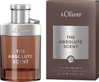 s.Oliver THE ABSOLUTE SCENT, brązowe perfumy Eau de Toilette w butelce ze srebrną zakrętką i pudełkiem.