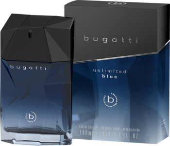 Zapach Bugatti Unlimited Blue orientalno-drzewny, niebieska butelka i pudełko obok, widok z przodu.