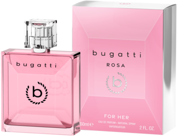 Bugatti ROSA FOR HER, różowa szklana butelka perfum z srebrną zakrętką i pasującym pudełkiem, widok z przodu.