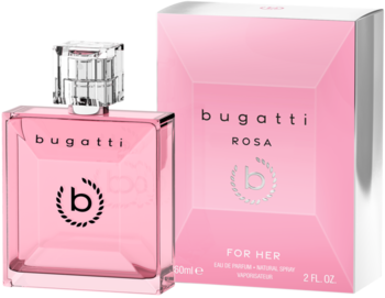 Różowa damska woda perfumowana Bugatti Rosa For Her w kwadratowej butelce i prostokątnym opakowaniu, widok z przodu.