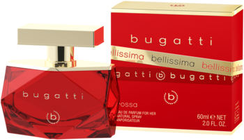 Czerwony, fasetowany flakon perfum Bugatti Bellissima Rossa kwiatowo-owocowych i czerwone opakowanie.