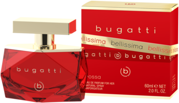 Czerwona, fasetowana butelka Bugatti Bellissima Rossa EDP dla kobiet obok pasującego czerwonego pudełka.