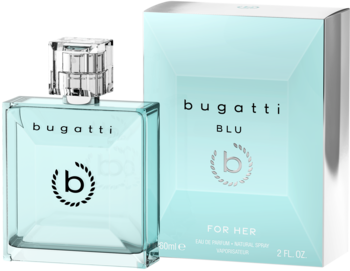 Bugatti BLU FOR HER Eau de Parfum, jasnoniebieska butelka z przezroczystym korkiem i pudełko z logo 'b', widok z przodu.