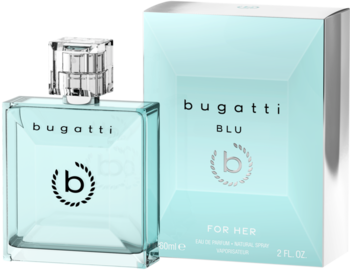 Woda perfumowana Bugatti Blu For Her dla kobiet; przezroczysta butelka obok błękitnego pudełka, lekko z boku.