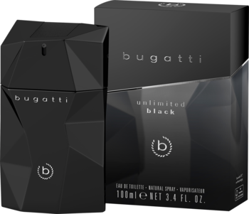 Bugatti Unlimited Black, orientalno-drzewna woda toaletowa. Czarna fasetowana butelka, obok pudełko.