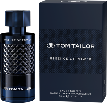 Męska woda toaletowa Tom Tailor Essence of Power w ciemnej butelce z fakturą i dopasowanym pudełkiem, widok z przodu.