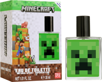 Minecraft Eau de Toilette, zielona butelka z pikselowym Creeperem, obok opakowanie z grafikami z gry, widok przód.