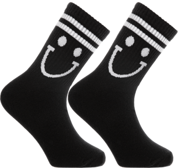 Czarne skarpetki dziecięce z białym uśmiechniętym wzorem i paskami na ściągaczu, widok z boku.