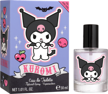 Kuromi Eau de Toilette 30ml w fioletowym pudełku i szklanej butelce z postacią Kuromi, na czarnym tle.