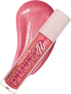 Zbliżenie na nawilżający różowy błyszczyk Pastel Plump Up, leżący pod kątem na błyszczącej smudze.