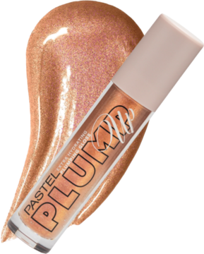 Pastel Plump Up błyszczyk Honey 213, nawilżający, złoty z brokatem, obok widoczny błyszczący swatch.