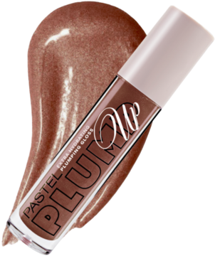 Nawilżający błyszczyk Pastel Plump Up 214 Cacao, ułożony pod kątem, z brązowym błyszczącym swatche w tle.