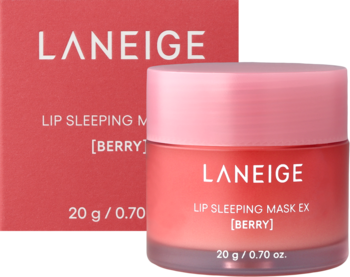 LANEIGE Lip Sleeping Mask EX Berry 20g w różowym słoiczku, widok z przodu na tle czerwonego opakowania.