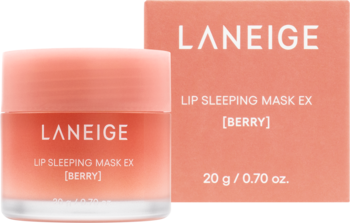 Laneige Lip Sleeping Mask EX Berry w różowym słoiczku i pudełku, widok z przodu. Nawilżająca maseczka do ust na noc.