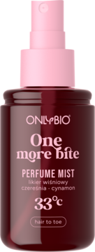 Ciemnoczerwony perfumowany mist ONLYBIO One more bite o zapachu wiśni i cynamonu, z różową nakrętką, widok z przodu.