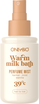 ONLYBIO Warm Milk Bath perfumowana mgiełka do ciała, butelka biała z beżowym atomizerem, zapach karmel, miód, wanilia.