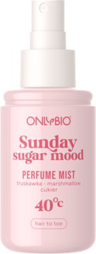 ONLYBIO Sunday sugar mood Perfume Mist, różowy flakon, zapach truskawka-marshmallow, 'hair to toe', widok z przodu.