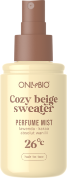 Przednia butelka perfumowanej mgiełki ONLYBIO Cozy beige sweater (lawenda, kakao, wanilia) z brązowym atomizerem.