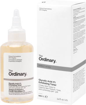 The Ordinary Glycolic Acid 7% Exfoliating Toner 100ml, butelka z żółtym płynem i białe pudełko.