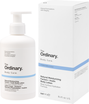 Biały balsam nawilżający The Ordinary NMF + Inulin Body Lotion w butelce z pompką i pudełku, z przodu.