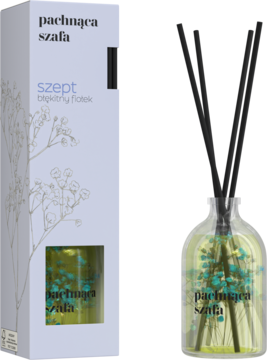 Dyfuzor zapachowy Pachnąca Szafa Szept Błękitny Fiołek: żółta butelka, czarne patyczki, obok liliowego pudełka.