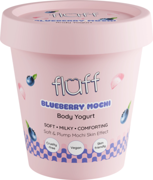 Różowy pojemnik Fluff Blueberry Mochi Body Yogurt, z grafiką borówek i tekstem 'Soft & Plump', widok z przodu.