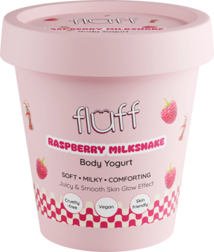 Różowy Fluff Raspberry Milkshake Body Yogurt w okrągłym opakowaniu z grafiką malin, widok z przodu i lekko z góry.