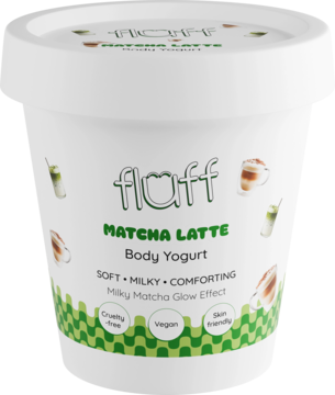Fluff Matcha Latte Body Yogurt w białym kubku, zielony napis, certyfikaty vegan i cruelty-free, widok z przodu.