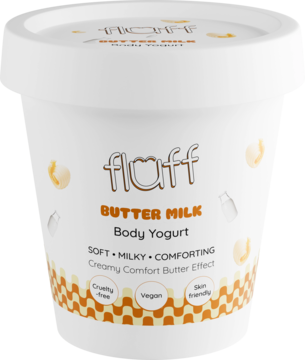 Fluff Butter Milk Body Yogurt w białej tubce, widok z przodu. Opakowanie z pomarańczowym wzorem i opisami Vegan, Cruelty Free.
