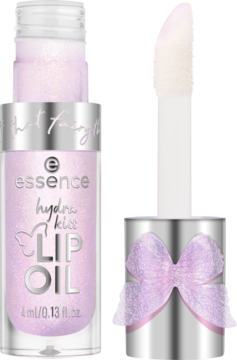 essence hydra kiss Lip Oil w otwartej butelce z brokatem, obok biały aplikator i srebrna nakrętka z kokardką.