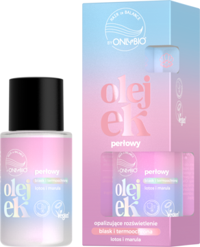 ONYBIO olejek perłowy rozświetlający z lotosem i marulą, butelka i kartonik z gradientem róż-niebieski, widok z przodu.