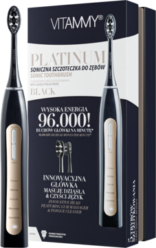 Czarna szczoteczka soniczna VITAMMY PLATINUM obok eleganckiego, ciemnego opakowania z detalami produktu.
