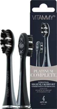 Czarne główki Vitammy Platinum Complete do szczoteczki sonicznej. Widoczne opakowanie z napisem „4 SZTUKI”.