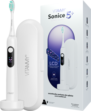 Biała szczoteczka soniczna VITAMMY Sonice 5+ z inteligentnym wyświetlaczem, etui i pudełkiem, widok z przodu.