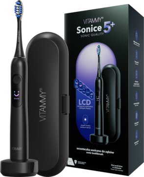 Czarna szczoteczka soniczna VITAMMY Sonice 5+ z inteligentnym wyświetlaczem, etui podróżnym i pudełkiem.