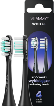 Dwie czarne główki wybielające Vitammy White+ do szczoteczek sonicznych, obok opakowania na 4 sztuki.
