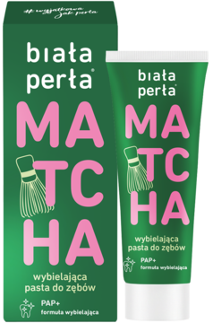 Biała Perła Matcha wybielająca pasta do zębów w zielonej tubce i pudełku, widok z przodu, różowy napis MATCHA.