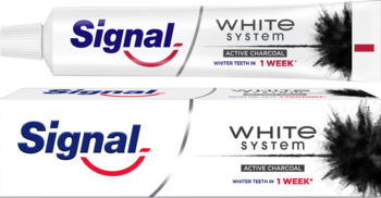 Signal White System, wybielająca pasta do zębów z aktywnym węglem, biała tubka nad pudełkiem z grafiką węgla.