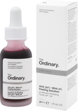 Ciemnoczerwony peeling The Ordinary AHA 30% BHA 2% Solution w butelce z pipetą i pudełku, z boku.