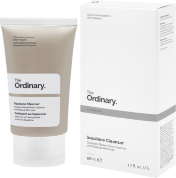 The Ordinary Squalane Cleanser w beżowej tubce i białym kartoniku, widok z przodu na oba opakowania.