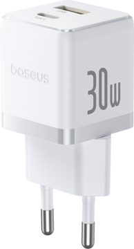 Biała ładowarka sieciowa Baseus Palm 30W, USB-C + USB-A, europejska wtyczka, widok z przodu pod kątem.