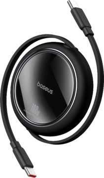 Czarny wysuwany kabel USB-C Baseus Free2Draw Mini 100W. Okrągły mechanizm zwijania, widok z góry.