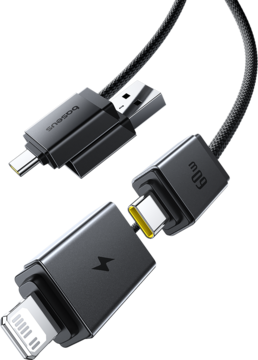 Kabel Baseus Versatile 4w1, czarny, pleciony, 60W. Widoczne magnetyczne złącza USB-A, USB-C i Lightning.