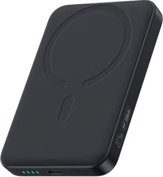 Czarny powerbank Baseus EnerFill FM11 z MagSafe i USB-C, widok 3/4 z góry. Widoczne porty i wskaźniki LED.