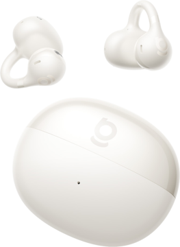 Dwie białe słuchawki Baseus Bass BC1 Open-Ear Clip-on i owalne etui ładujące na białym tle.