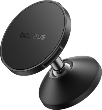 Czarny magnetyczny uchwyt Baseus GoTrip DC1 do auta, pionowy, z okrągłą głowicą i logo Baseus, pod kątem.