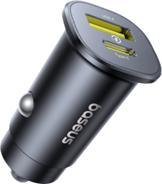 Czarna ładowarka samochodowa Baseus GoTrip DP1 30W z żółtymi portami USB-C i USB-A, szybkie ładowanie, widok z góry.